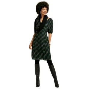Cabi Elaine‎ Puff Sleeve Dress M Black Green Geometric Sweetheart Neck